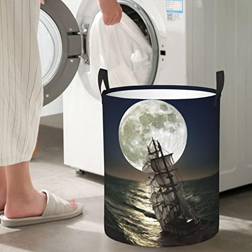 Navio de vela em cesto de lavanderia impressa em tempestades de cesta de roupas circulares de roupas de armazenamento de roupas de armazenamento de armazenamento Bolsa de armazenamento S/M DOIS TAMANHOS