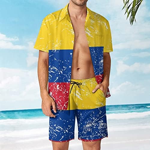 Columbia Retro Flag Men 2 Peças Conjunto Hawaiian Button-Down Shirve Shirts Calças de praia Faixa Fit Fit