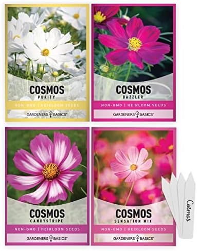 Sementes de cosmos para plantar sementes de flores ao ar livre Cosmos Candystripe, Mix de sensação, Dazzler, Purity Pink e White Varies for Bees, Polinators Wildflower Seed By Gardeners Basics