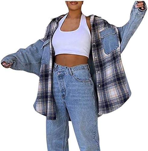 Jaqueta de jeans de grande tamanho da Hoxine feminino clássico de manga longa clássica costura xadrez de algodão Jean Jean Jean