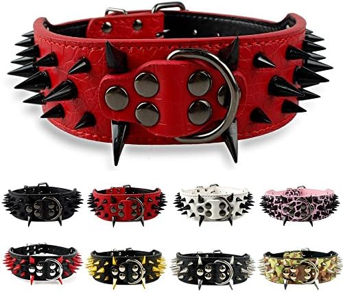 Benala Pet Dog Collar Arnness ajustável cravalhado cravejado de couro punk punk colarinho de cachorro Pu Sharp Spikes Supplies, vermelho,