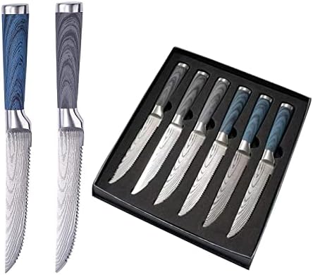 Facas de bife Tatakook Conjunto de 6 aço inoxidável completo ， Faca de bife serrilhada Conjuntos de lavar louça para lavadora de pratos ， Kitchen Steak Knife Duas cores Caixa de presente conjunto。