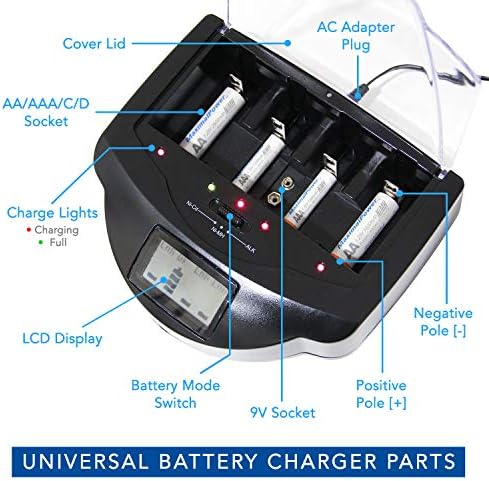 Estação de carregador de bateria universal MaximalPower para alcalina, RAM, NI-MH, NI-CD, AA, AAA, C, D, Baterias 9V