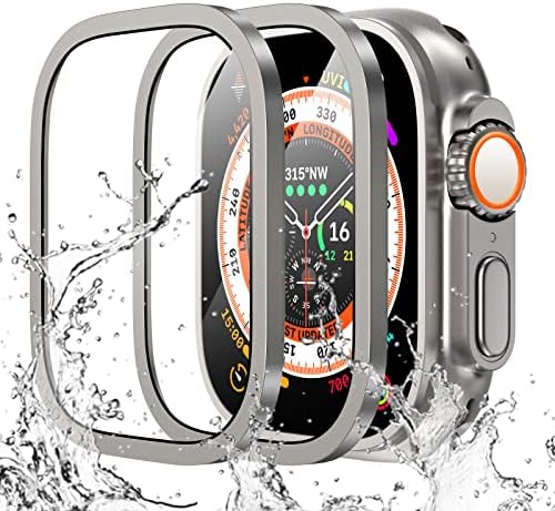 Pacote Wingle 2 para Apple Watch Ultra Screen Protector Case 49mm, quadro de liga de vidro + titânio de 9h temperado + titânio [Mantenha o original] [toque sensível] Filme de vidro protetor leve para iwatch Ultra, original