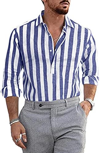 Masculina moda casual listrado fivela de lapela de lapela de manga longa blusa de blusa de blusa casual camiseta