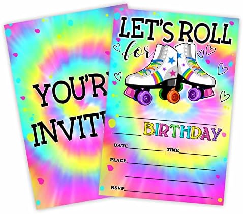 Convites de aniversário de skate de rolos de tinta Tie, vamos rolar! Cartões de convite para festa de aniversário （20 contagem) com envelopes, preencha cartões de convite de estilo para meninos e meninas, festa de aniversário Favor & Supplies-B39