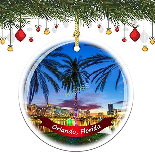 Orlando Florida Tree pendurado Ornamento de Natal Ornamento de cerâmica de dupla face, 3 polegadas