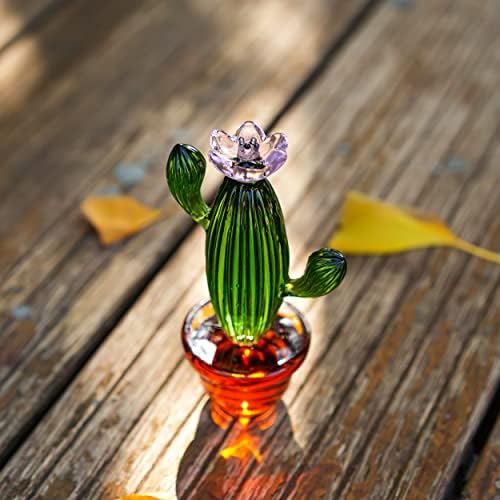 Estátua em miniatura de cacto de vidro soprado à mão e bola de cristal suncatcher pendurada com ornamento de girassol