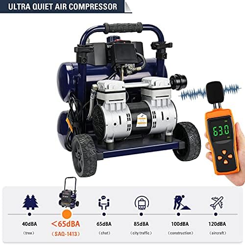 Compressor de ar Ultra Silencioso Stealth, 64 Decibel 4,5 galões pico 1,3 hp max 150 psi e Campbell Hausfeld 25 'Mangueira de ar