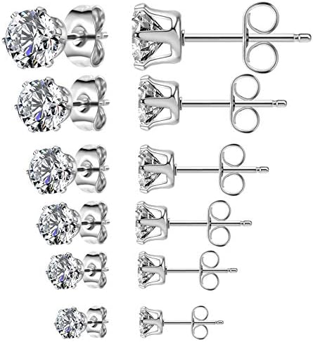 Tiyamila 6 pares brincos para mulheres, brinco de aço inoxidável hipoalergênico, brincos multi-piercing para meninas, homens, brincos cúbicos de zircônia 3-8mm