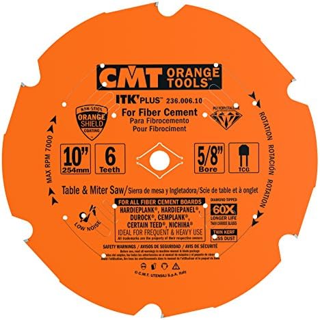 CMT 236.006.10 ITK Plus Diamond Saw Blade para produtos de cimento de fibra, 10 polegadas x 6 dentes trapezoidais com furo de 5/8 polegadas, revestimento ptfe