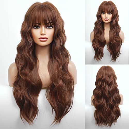 Peruca marrom longa de cabelo com franja perucas marrom laranja para mulheres perucas sintéticas resistentes ao calor para uso diário