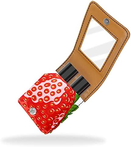 Caixa de batom com espelho para bolsa, porta -maquiagem cosmética de couro de morango vermelho maduro, armazenamento