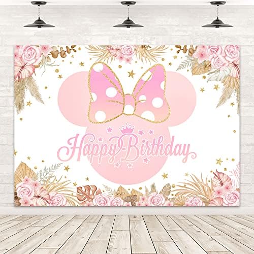 Lightinhome rosa mouse pampas pano de fundo 7wx5h pés folhas florais polka dourado Dots Girl Princesa Feliz Aniversário desenho