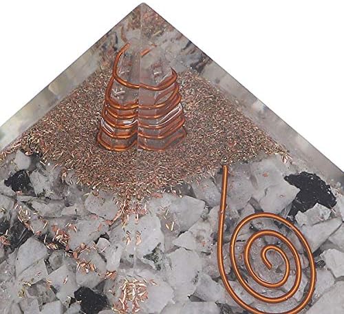 Fashionzaadi arco -íris Moonstone orgone pirâmide ponteiro de cristal e cobre espiral e turmalina preta hastha símbolo pirâmides