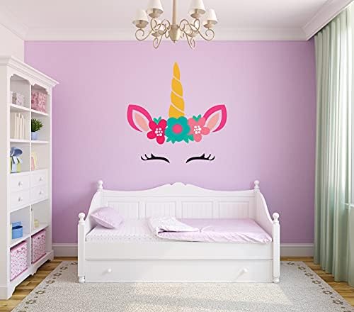 Decalque da parede de flor de unicórnio - Feliz unicórnio cílios de unicórnio decoração de arte de parede - decalques de parede mural para meninas - decalque de parede para decoração de berçário decoração de quarto de quarto