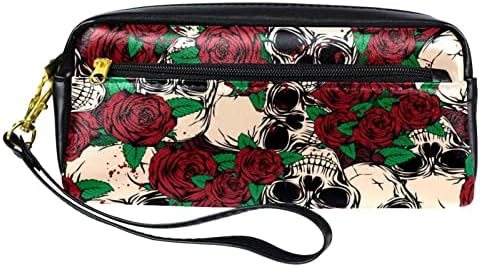 Bolsa de maquiagem tbouobt bolsa de bolsa cosmética bolsa bolsa com zíper, crânio rosa floral floral