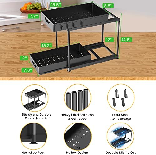 JWQ sob os organizadores da pia e armazenamento 2 pacote, puxando grande capacidade sob o banheiro e o organizador de gavetas de armazenamento de armários de cozinha com ganchos, organizador de prateleira de várias intensões sob a pia, preto-10