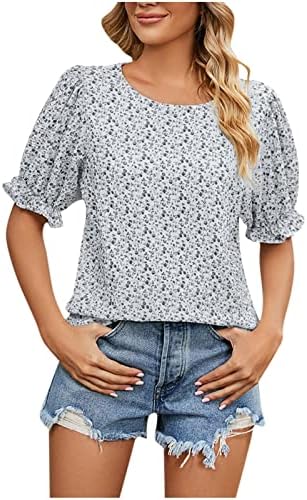 Tops de estampa floral para mulheres Camisetas de manga curta e manga curta