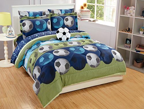 MK Collection 8pc Compolador completo conjunto com travesseiro de futebol peludo Soccer de futebol claro azul marinho