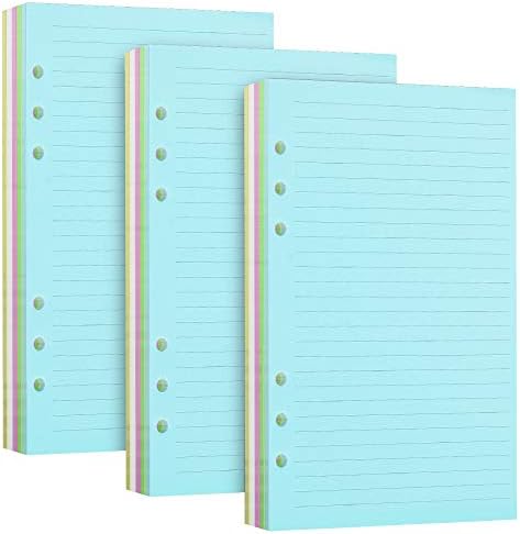 Papel de recarga forrado, 3 páginas governadas coloridas para A6 Reabilitável Binder Notebook Planner Organizer Insert, 120 gsm de papel de folha solta