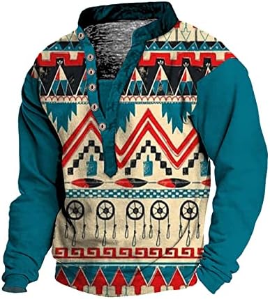 Moletom tático ocidental de Firero para homens Pullover de botão de manga comprida Casual Casual Size Aztec Print Sweetshirt Mens