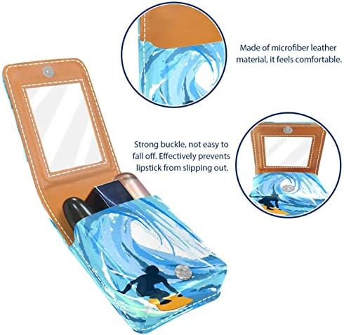 Surfista no suporte de batom de batom de batom de onda de onda azul com espelho, bolsa de brilho labial portátil, kit de armazenamento