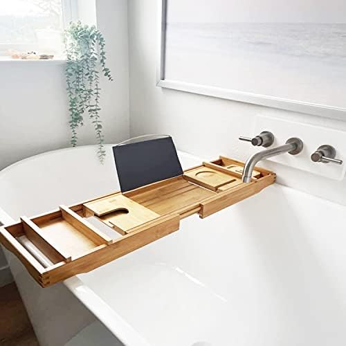 Zhtyre Bathtub Bathtub Prateleira prateleira de banheira extensível com estante de estante de bambu e bandeja de sabão 1 ou 2 pessoas de banho e bandeja de cama