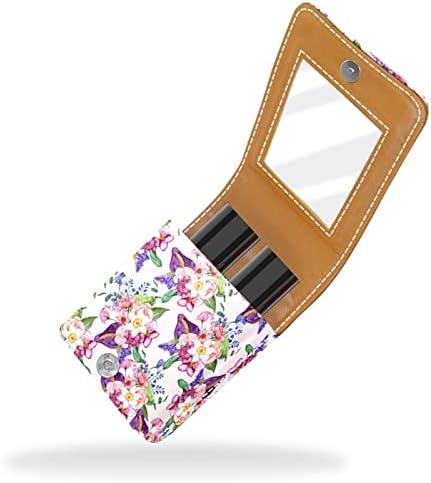 Caixa de batom oryuekan com espelho bolsa de maquiagem portátil fofa, bolsa cosmética, flores pastoreáveis ​​vintage floral roxo tropical