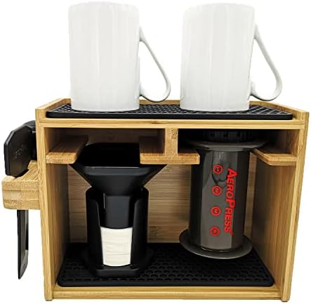 HEXNUB - Organizador de bambu para AeroPress, a estação de caddy segura a cafeteira da AeroPress, filtros, xícaras, despeje acessórios com tapete de gotejamento de silicone, aumento da economia de espaço