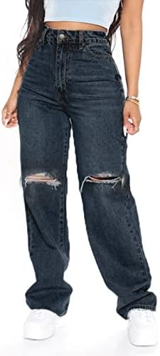 Miashui bota de jeans cortou os buracos de personalidade da moda feminina elástica com calças folgadas retas emagrece