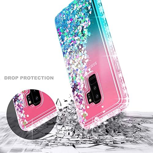 Caso E-Began para Samsung Galaxy S9 com protetor de tela, suporte do anel/pulseira, brilho fluindo líquido meninas líquidas meninas