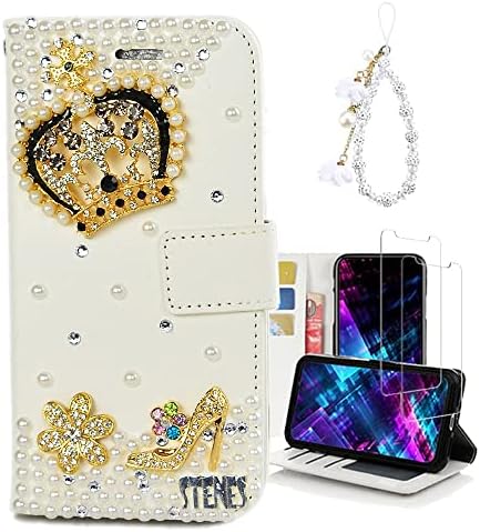 Caixa de carteira de cristal de arte de fada compatível com o Samsung Galaxy S23 - Crown High Heel - Branco - 3D Tampa de couro