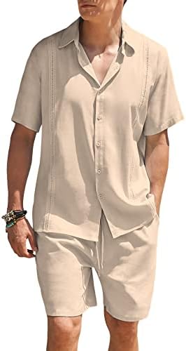 Coofandy Men Linen Camisa combinando e botão de algodão curto de manga curta damasco
