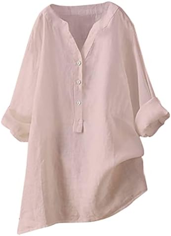Camisas de linho de algodão feminino Button Button Up Bloups 2023 Summer V pescoço Tops de manga longa/curta Túnica