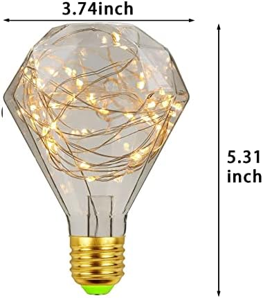 Lâmpada de fada em forma de diamante ASMSW com filamento de cobre, lâmpada de lâmpada de lâmpada de corda vintage decorativa de Edison Edison para ambiente para iluminação noturna de diamante lâmpada e26 Bulbo - 1 pacote