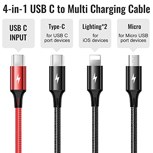 Chafon USB C para cabo de carregamento múltiplo, adaptador trançado de nylon com cordão de carregamento de 4 polegadas com 4 pol.