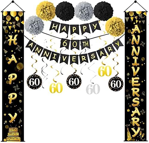 Yoaokiy Kit de decoração de aniversário de 60 anos, 60º aniversário de festas de banner de aniversário de casamento, dourado