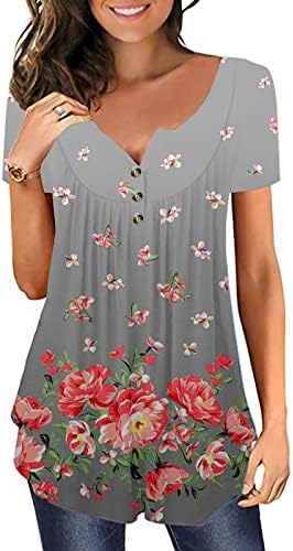 2023 túnicas florais da mulher, manga curta V camisetas de verão de verão de manga curta camisetas up shirts flowy
