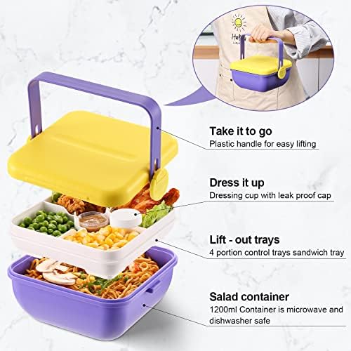 Recipiente de almoço de salada e lua - 45 onças Salada 4 Compartamentos Bento caixas com bandeja removível e vasos de molho, recipientes de armazenamento de alimentos para almoço, lanches, escola e viagem