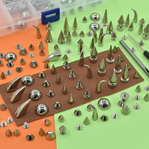 150 Set punk spike rebets kit, 13 tipos grandes pregos e picos de cone de cone para parafusos bullet Cone Studs com ferramentas de instalação para projeto de bricolage, colar jaqueta de colete de colete de colar