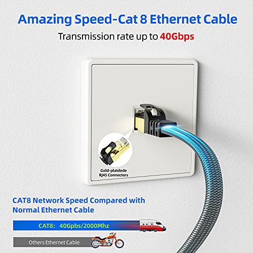 CAB CAT 8 ETHERNET, 100 pés Yurnero Gigabit High Speed ​​Cat8 Cabo de rede 40Gbps/2000MHz RJ53 Ethernet Cord com cabo LAN SFTP banhado
