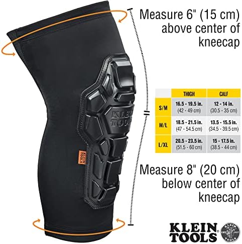 Klein Tools 60615 joelheira, mangas de joelho acolchoadas para serviço pesado, malha respirável de volta, manguito elástico com silicone resistente a deslizamentos, s/m, preto