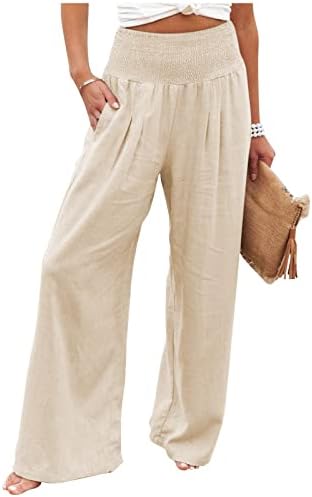 Calça de linho da Amober para mulheres verão de cintura alta linho de algodão Palazzo calça de perna larga calça de calça de lounge longa com bolso