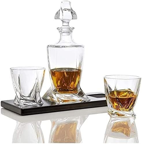 Wine Decanter Conjunto de vidro Decanter de decantador de uísque de uísque e conjunto de decantador de bebidas alcoólicas, com 2 copos de cristal no bourbon na bandeja de madeira 1028