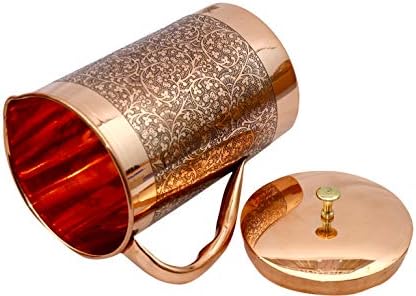 Advika Handicraft Handmade Pure Copper 1 Jug Capacidade 67 oz {6} Capacitação de cálice de copo de vidro em relevo - 10,14 oz de água de armazenamento boa saúde Yoga, Ayurveda Home