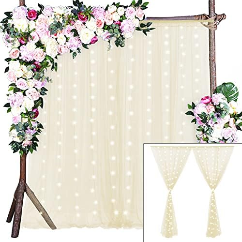 Cortinas de cenário de champanhe com luzes de corda para festas de casamento 10 × 10 pés de pano de pano de tule pura cortina para