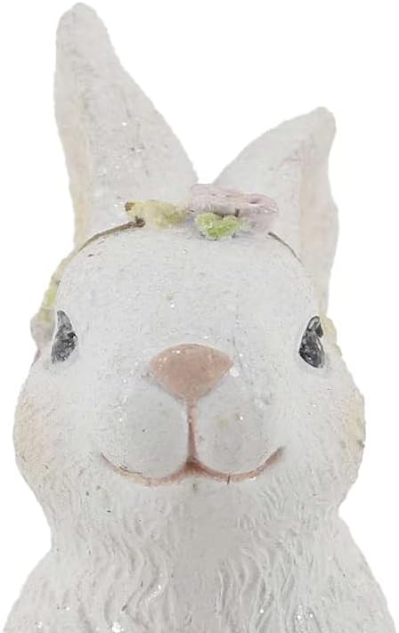 Coleção de Windy Hill Polyresin Glitter Branco Coelho de coelho da Páscoa Holding Rosa e Ovo Amarelo Decoração da