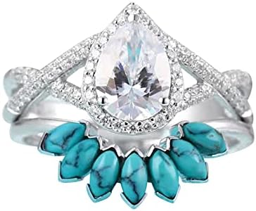 Wybaxz cactus anel 2pc Women Women Women Shining Crystal Zirconia Drop Shap Shape Ring Ring Turquesa Promise anéis