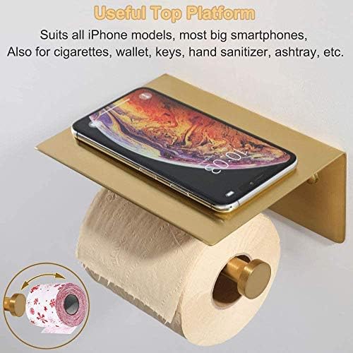 Suporte de papel higiênico com suporte de telefone escovado de ouro, 304 aço inoxidável